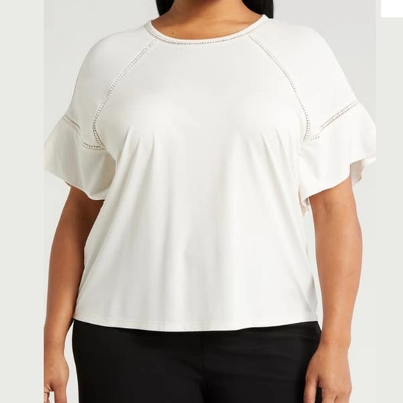 Anne Klein Ladder Stitch Inset Short Sleeve Top in Anne White - Picture 1 of 4